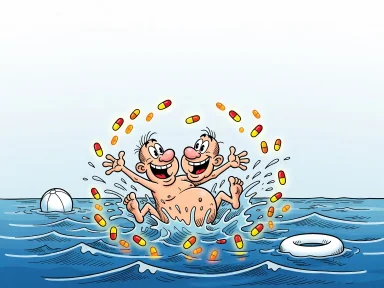 En glad figur badar i havet medan små vitaminer stiger upp ur vågorna och kretsar runt.