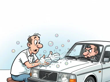 En person håller fram tvålhala händer medan en Volvo-bil försiktigt tvättar dem med sina vindrutetorkare.