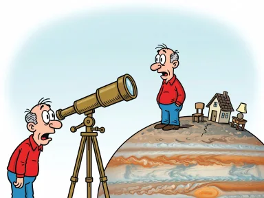 En man tittar genom ett teleskop mot sin bror som står på Jupiter bredvid ett hus med vardagliga föremål.