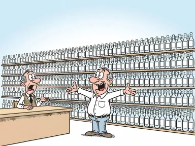 En ensam man står framför en hel hylla med likadana flaskor på Systembolaget.