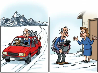 En man kör bil med hund, spelkonsol och surfplatta längs en lång väg i snöigt landskap och kommer hem till sin fru.