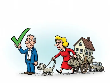 En ledsen man står tomhänt medan hans före detta fru går iväg med hus, bil, pengar och hund, och mannen håller upp en stor grön bock.