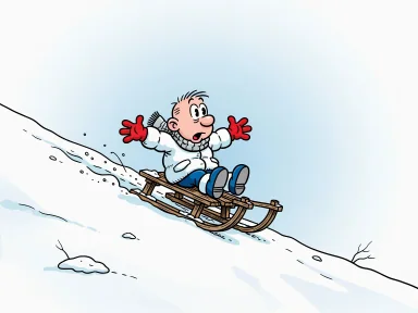 Ett barn åker pulka nerför en backe i ett snöigt fjällandskap.