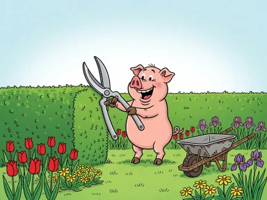 En gris som står på bakbenen och klipper en häck med stora saxar i en trädgård.