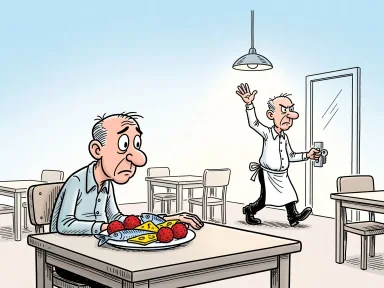 En ledsen gäst sitter vid ett bord med sill, ost och köttbullar när personalen stänger restaurangen.