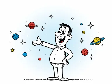 En glad man står mitt bland planeter och stjärnor och gestikulerar stolt över kosmos.