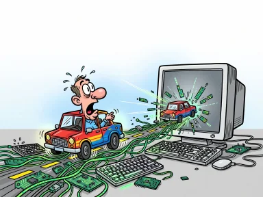 En tecknad figur kör bil på en informationsmotorväg och kraschar genom en stor datorskärm.