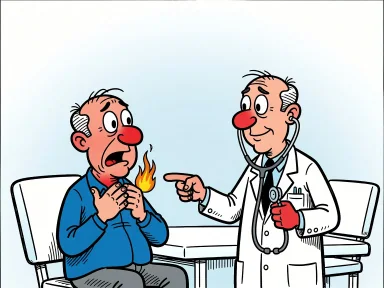 En läkare pekar på lågor som syns vid patientens hals medan patienten håller handen mot halsen.