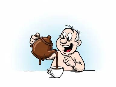 En glad figur håller en tekanna av choklad som börjar smälta när den används.