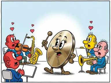 En cymbal poserar dramatiskt med kurvor och ögonfransar i en orkester medan en trumpet ser avundsjuk ut.