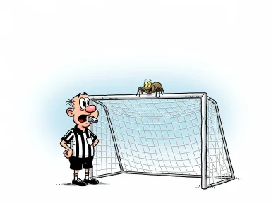 En fotbollsdomare står vid ett mål där nätet är täckt av ett stort spindelnät med en liten spindel på ribban.