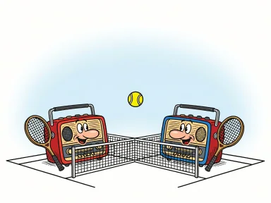 Två radioapparater står på varsin sida av ett tennisnät med racketar och en boll i luften.