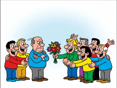 En sur tecknad man står med armarna i kors och skakar på huvudet när en grupp glada personer kommer fram till honom med kramar, blommor och en boll.