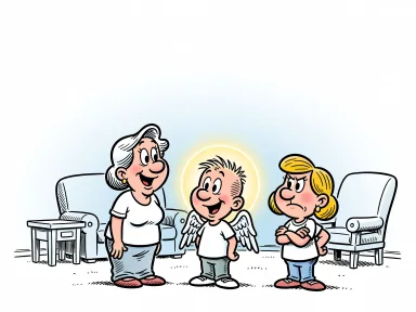 En mamma ler beundrande mot sin son Gabriel som har en gloria och änglavingar medan hennes dotter ser missnöjd ut med armarna i kors.