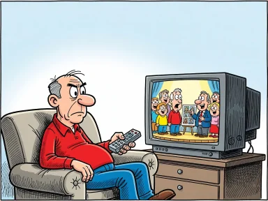 En man sitter i soffan med fjärrkontrollen i handen och tittar missnöjt på en tv-sändning av ett livsöversiktsprogram.
