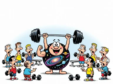 En liten rund figur full av stjärnor och planeter lyfter tunga vikter på ett gym.