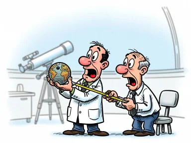 En astronom håller upp en pytteliten planet framför sin gamla klasskamrat i ett observatorium.
