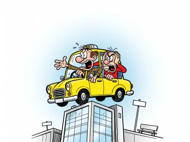 En taxi kör rakt uppför väggen på ett högt hus medan chauffören gestikulerar och passageraren ser irriterad ut.
