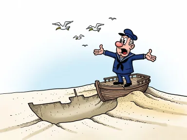 En sjöman står stolt på däcket av ett fartyg som fastnat på en sandbank och pekar mot ett stort avtryck i sanden.