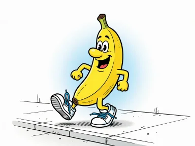 En gul banan med armar och ben som har vita gympaskor på fötterna.
