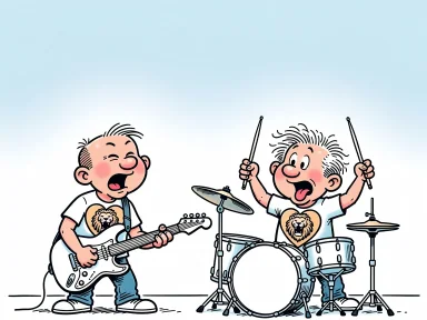 Två bröder spelar ivrigt i ett band med lejonhjärta-symboler på sig.
