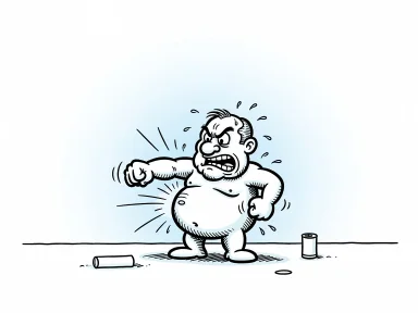 En tecknad man med stor mage slår sig själv på magen med knutna händer.