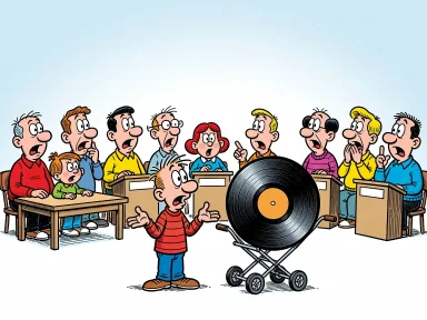 En ung karaktär rycker på axlarna vid ett musikquiz medan en gammal vinylskiva kommer rullande i en barnvagn.