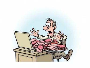 En person öppnar en laptop där tangentbordet är fullt av skinkskivor och viftar bort mer chark.