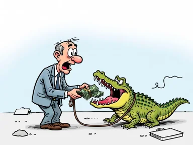 En man sträcker fram sedlar mot en alligator som hugger till.