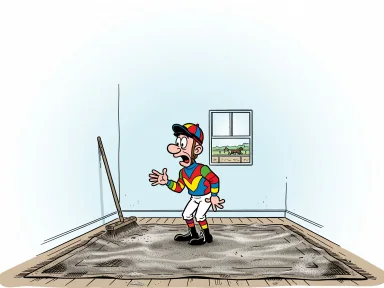 En jockeyfigur står i ett vardagsrum och tittar på en tjockt dammig matta med en oanvänd mattpiskare lutad mot väggen.