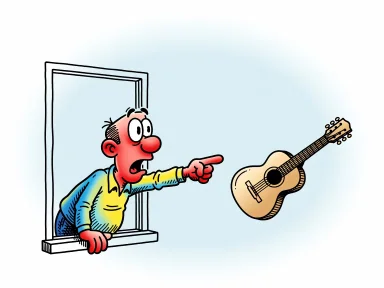 En person tittar förvånat ut genom ett fönster mot en gitarr som svävar förbi i luften.