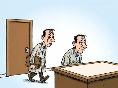 En ledsen illustratör bär sin portfölj och sätter sig vid ritbordet.