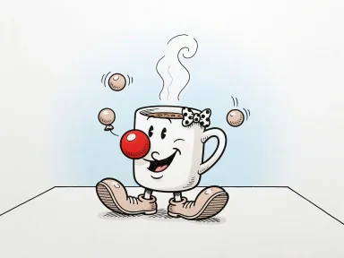 En mugg kvällschoklad blåser upp ballonger och gör konster med clownnäsa och skor.