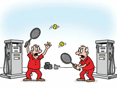 Personal på en bensinstation spelar tennis bland bränslepumparna.