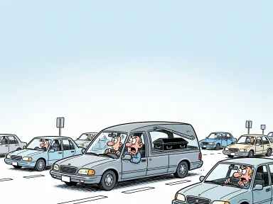En svart likbil kör om vanliga bilar på en motorväg med en kista synlig genom bakrutan.