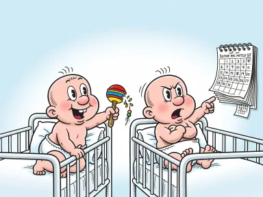 En vecka gammal baby avvisar en trasig skallra från bebisen i grannkrippen.