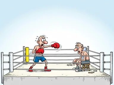En boxare står i ringen och slår mot tomma utrymmet mellan sig själv och motståndaren.