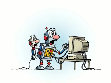 En tecknad robot står bredvid en dator och rycker till i kroppen med armarna anslutna till maskinen.