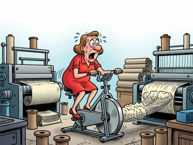 En kvinna trampar intensivt på en motionscykel i en textilfabrik där hjulet spinner ull till garn.
