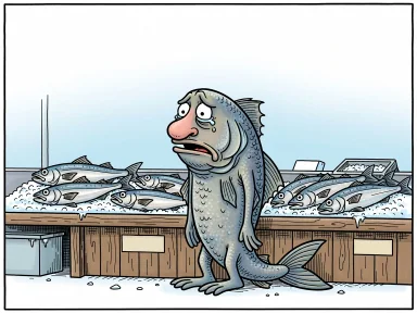En ledsen man med torskliknande fenor och fjäll står vid en fiskdisk omgiven av färska torskar.