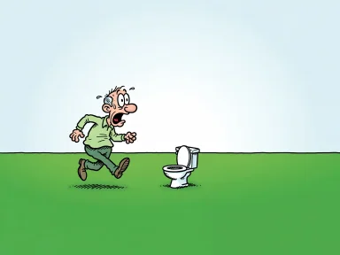 En tecknad figur med brådskande min springer över en åker mot en toalett som står mitt på fältet.