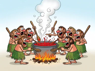 En tecknad bild av kannibaler som rör om i en stor gryta med röd vätska som kokar kraftigt över en eld.