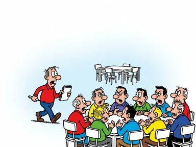 En tecknad figur med anteckningsblock går förbi en diskussionsgrupp mot ett tomt bord.
