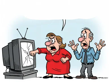 En kvinna slår på en tv-skärm som går sönder medan en man ser förvånad ut.
