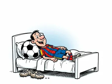 En fotbollsspelare ligger i sängen och sover med huvudet på en boll som kudde.