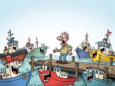 Båtar med skrattande ansikten i hamnen pekar mot en förvånad man på kajen.