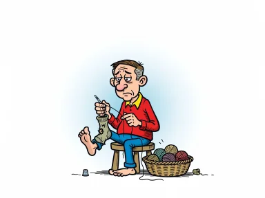 En tecknad figur som sitter och stoppar ett hål i en strumpa.