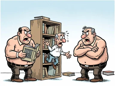 En man står inklämd mellan två skumma figurer på ett bibliotekshyllplan bredvid en bok med fängelsebild.