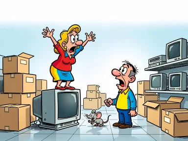 En kvinna står uppe på en stor TV-apparat i en elektronikbutik medan en mus springer på golvet.