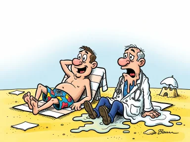 En person ligger och solar på stranden bredvid en kirurg vars kropp håller på att smälta i värmen.